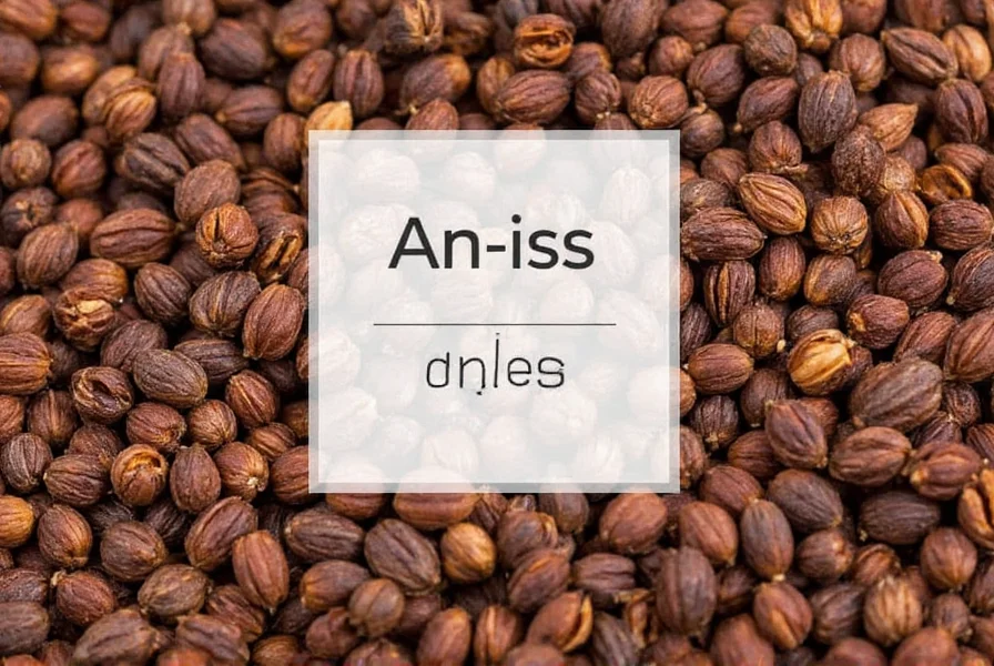 Close-up of anise seeds with phonetic pronunciation guide overlay showing AN-iss /ˈæn.ɪs/