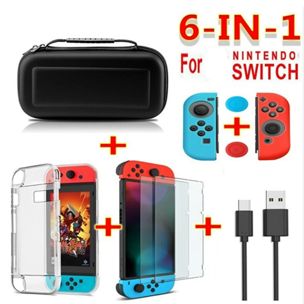 

6 in 1 Carry Bag Protector Silicon Case Super Kit for Nintendo Switch Console Protective Case Surface Console Nintendo Switch, Black