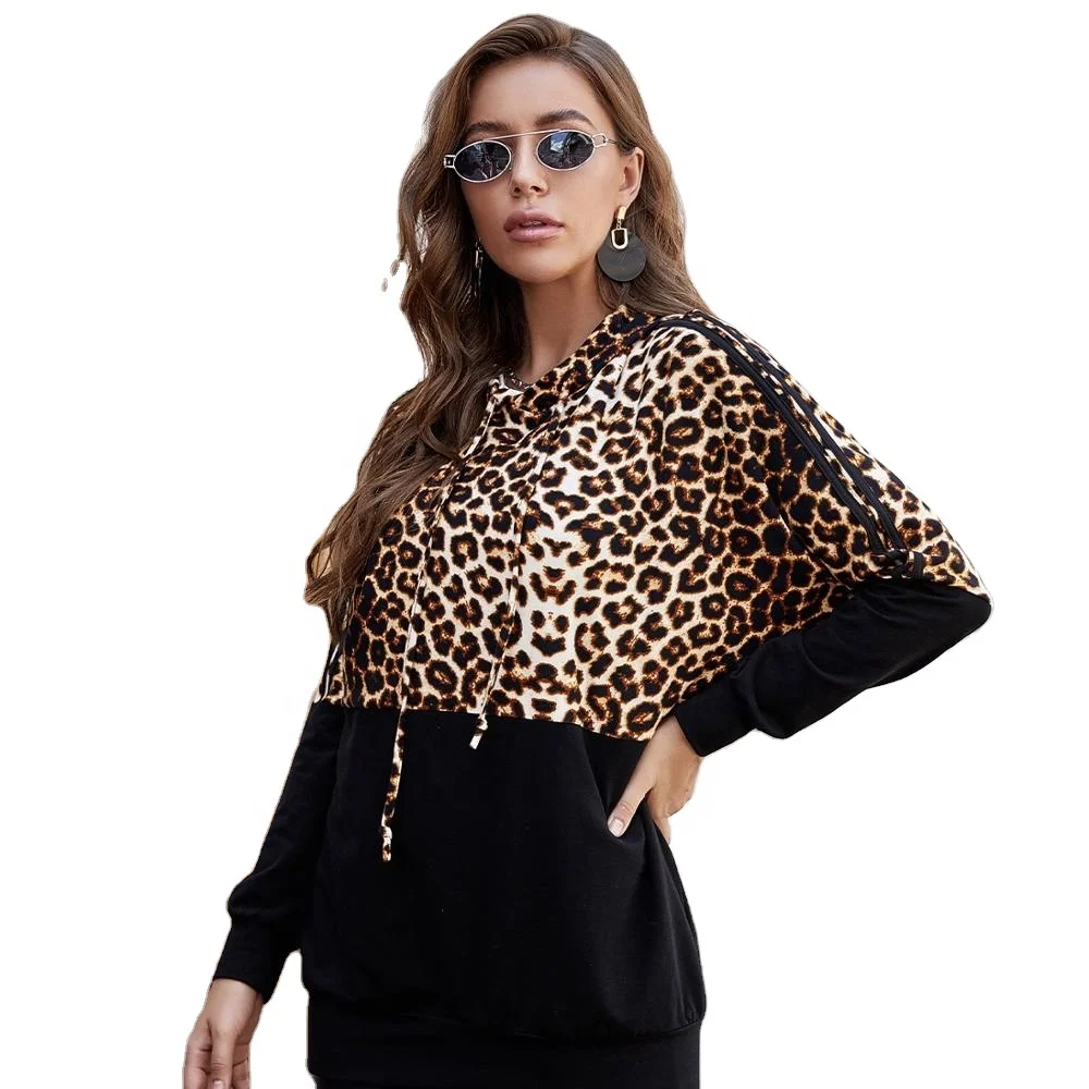 

2021 NEW Design Wholesale Sexy Patchwork Leopard Printed Long Sleeve Hooded Fleece Pullover Winter Sweatshirt for Women