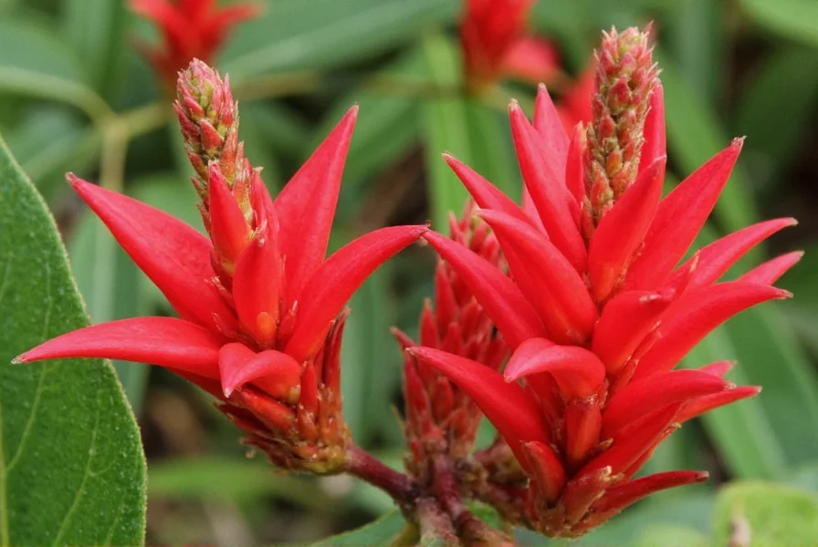 Close-up view of red ginger plant showing vibrant red bracts and emerging white flowers in tropical garden setting