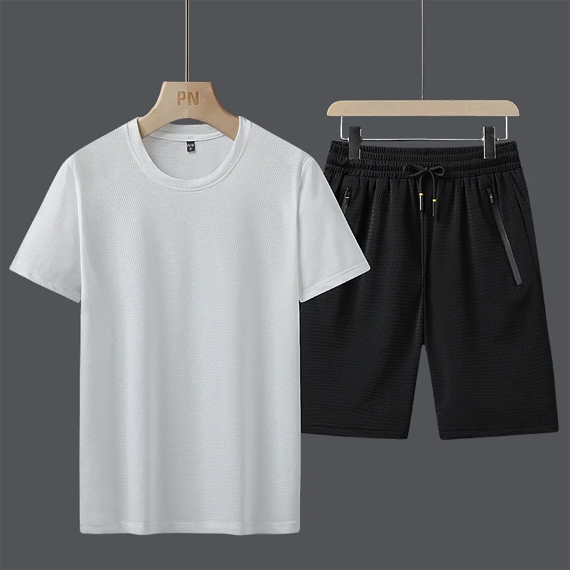 

Custom LOGO Summer Fashion Men's Suit Classic Ice Silk Mesh T-Shirt Shorts Two-Piece Fitness Suit Casual Sportswear, Multiple colors