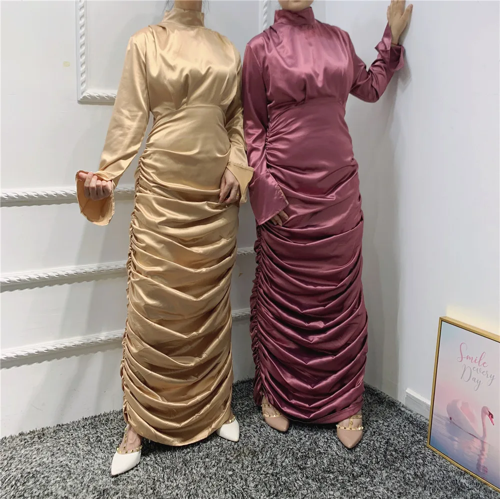 

Ladies Satin Abaya Dubai Muslim Dresses Islamic Clothing Long Sleeve Maxi Wrinkle Dress Wholesale Bulk