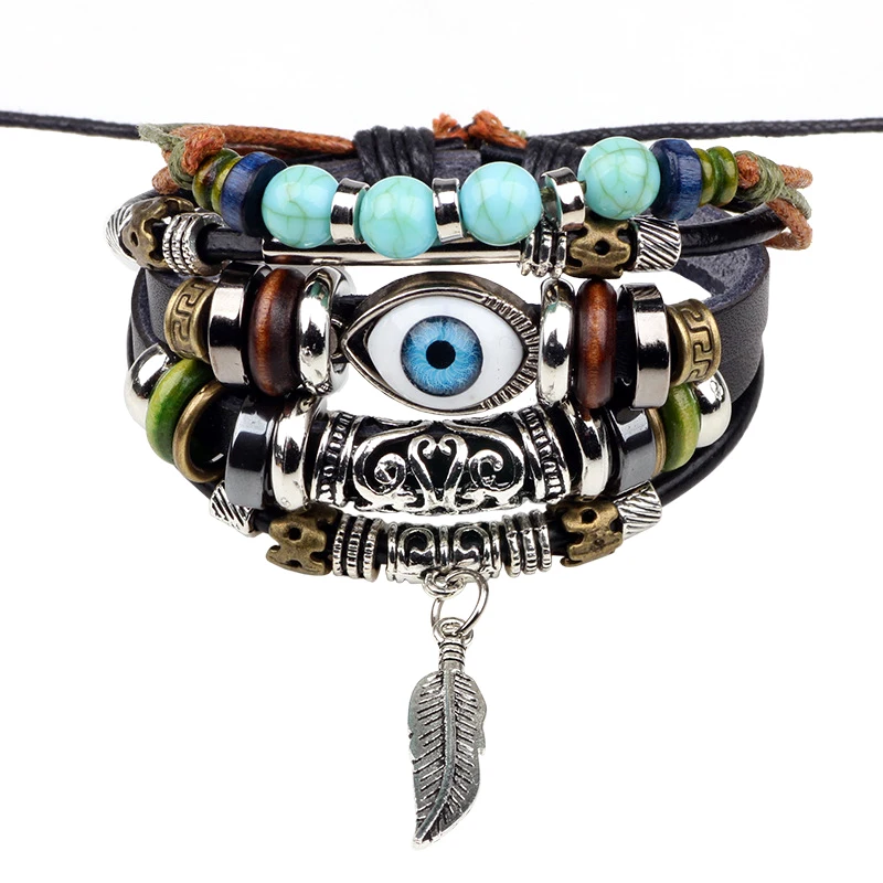 

Blue Eye Bracelet Beaded Multi Layer Cowhide Hand Ornament Stone Eye Bracelet, Black