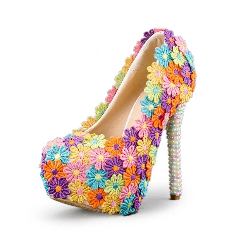 

Handmade Custom Colorful Lace Floral Woman Thin Heels Round Head High Platform Shoes