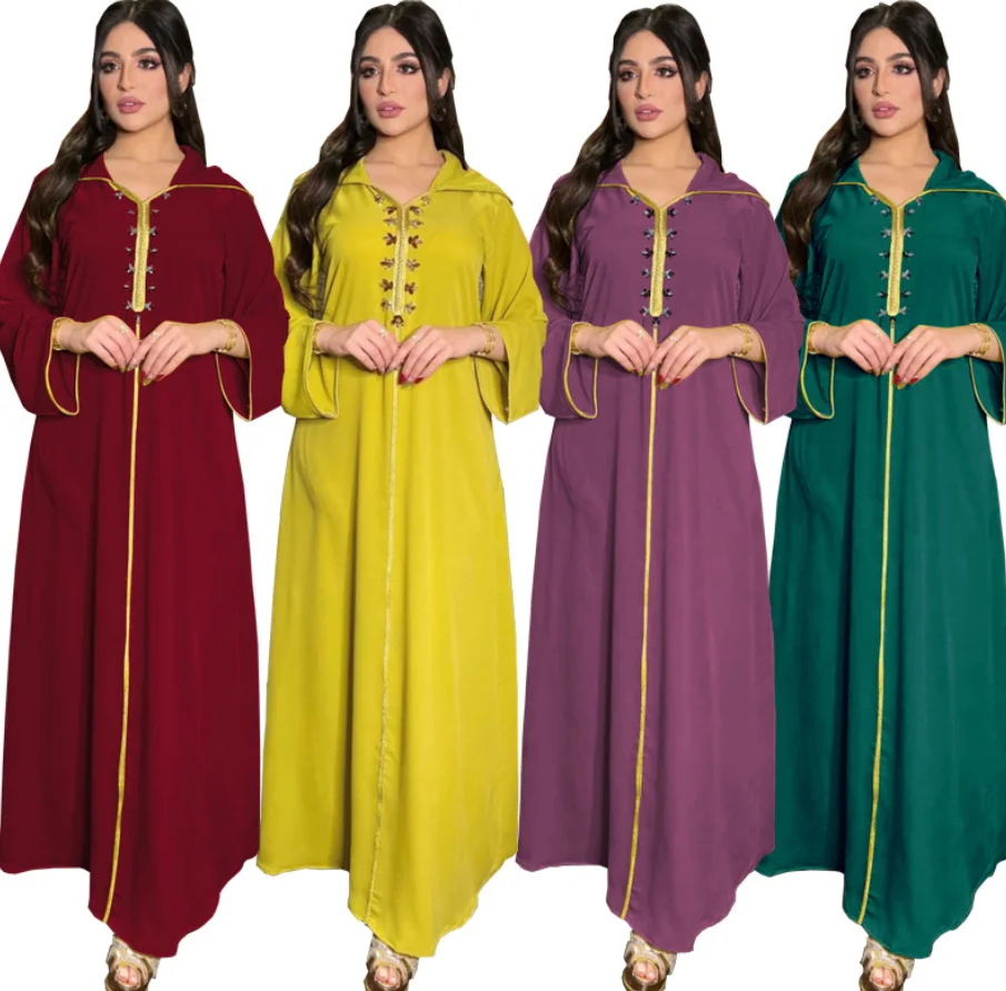 

Wholesale Islamic Clothing Muslim Jalaba Ramadan Dresses Dubai Beads Jalabiya kaftan abaya islamic clothing for Women, Yellow,green