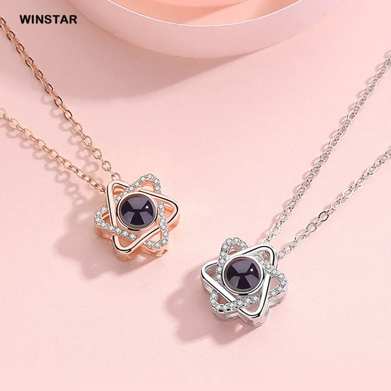 

Fashion Jewelry Necklaces 100 Languages I Love You Projection Necklace Diamond Star Pendant Necklaces Customizable
