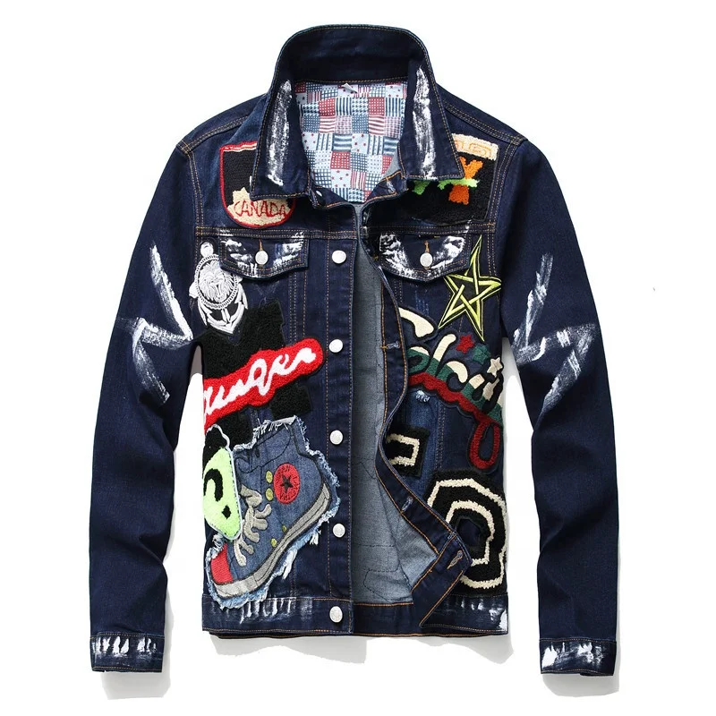 

hot sale new casual jeans denim clothing regular retro hip hop biker design streetwear punk fancy patch men's jackets