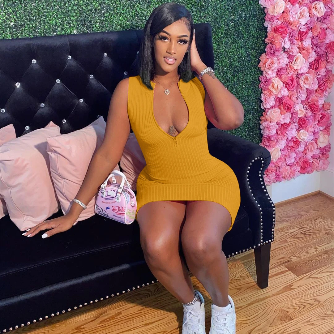 

2021 summer casual yellow ribbed dress knitted sexy bodycon zipper short dresses women