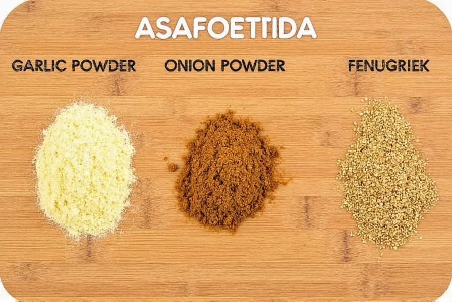 Side-by-side comparison of asafoetida substitutes: garlic powder, onion powder, and fenugreek seeds arranged on a wooden cutting board