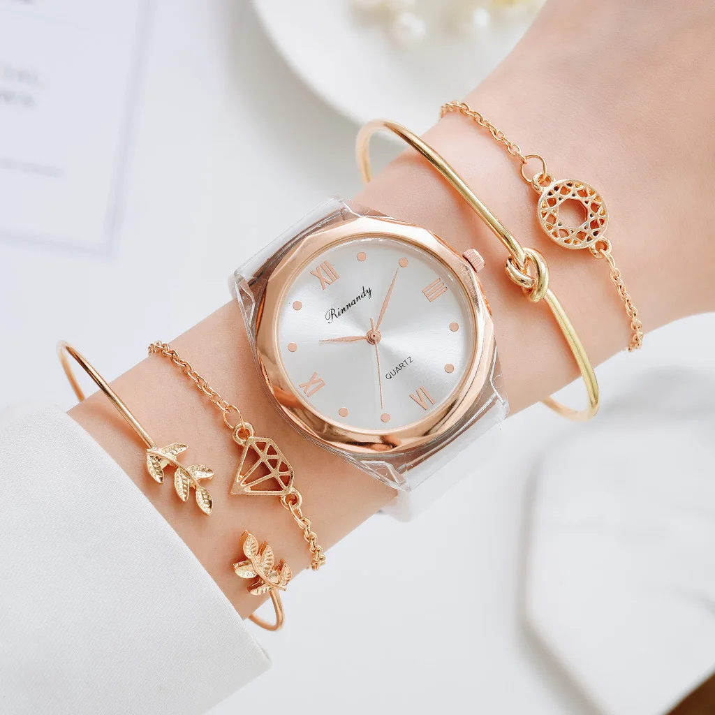 

Classic Retro Ladies Quartz Wrist Watches Bracelet 5 Pcs Set Rubber Watch Strap Casual Quartz Watches Set