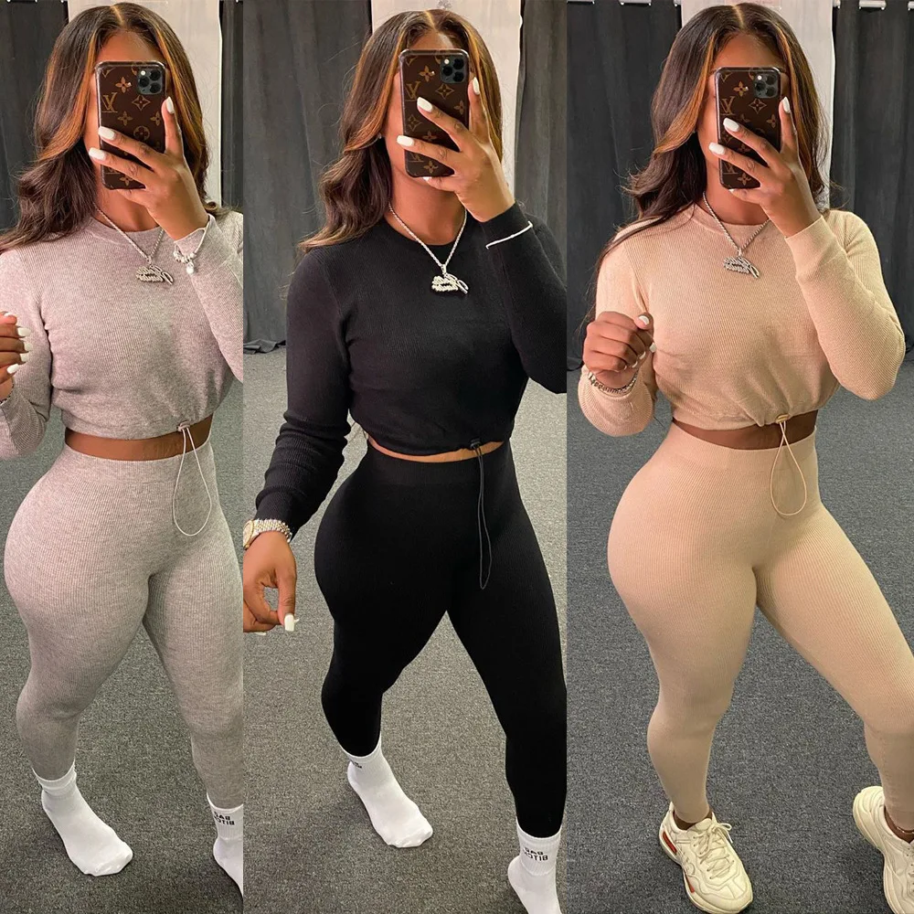 

fall clothing women's sports suit jogging set for women long sleeve pullover knitting crop top two piece set, Multiple colors