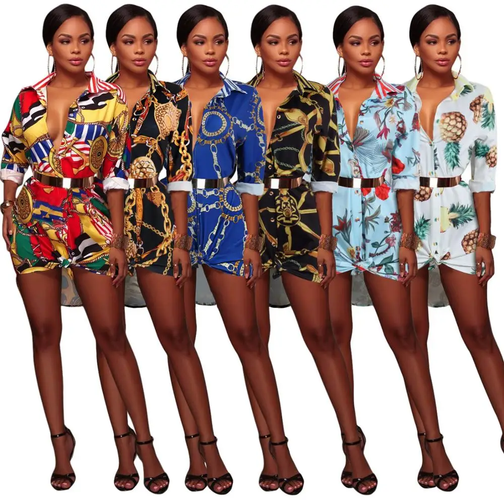 

Clothes Vendor for M662 New Design Women Fashion Stand Collar Deep V Neck Multi-color Printed shirt Dresses, 6 colors as picture