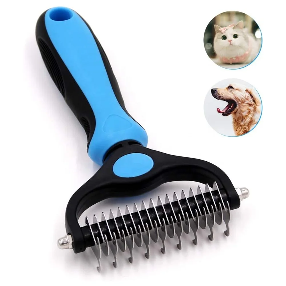 

Hot styles on Amazon Pet Hair Removal Comb Double Sided Blades Fur Dematting Trimmer Deshedding Brush Grooming Tool, Blue/pink