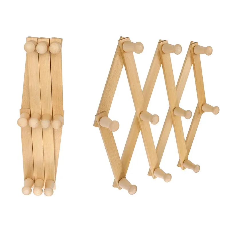 Natural Solid Wood Foldable Door Hook Wall Mounted Organizer Hangers Handmade Craft Hat Rack