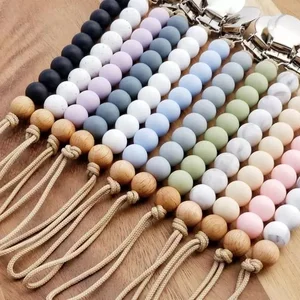 Image of Whosale Chewable Wooden Silicone Dummy Pacifier With Clip Silicone Baby Pacifier chain
