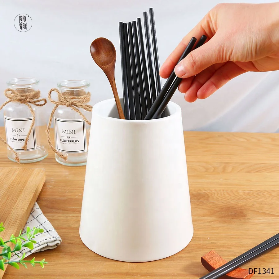

Custom logo white cutlery holder kitchen tools pot ceramic kitchen utensil holder for home, White/custom
