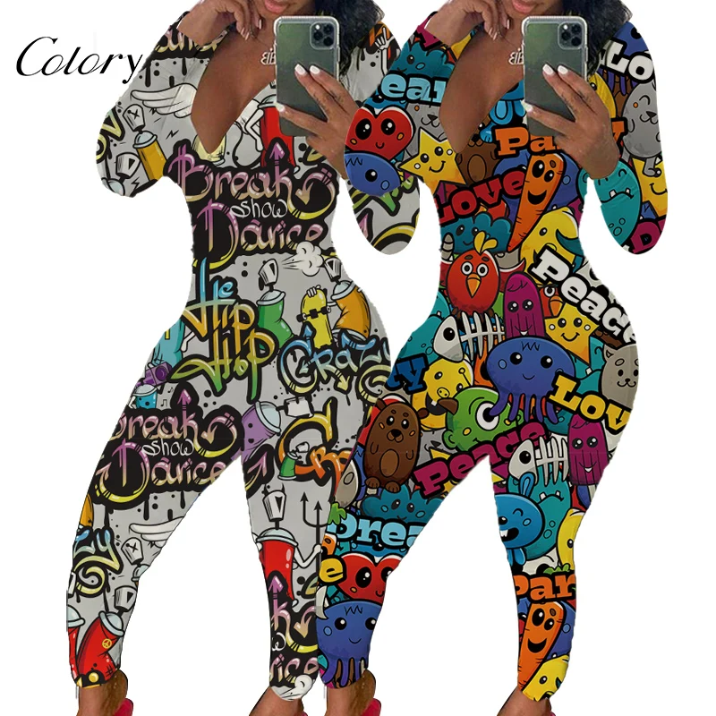 

Colory Graffiti Print Onesie Romper Woman Sexy Pajamas, Picture shows