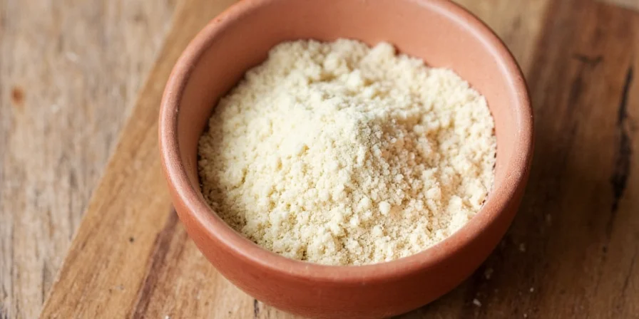Close-up of onion powder jar on a rustic kitchen counter