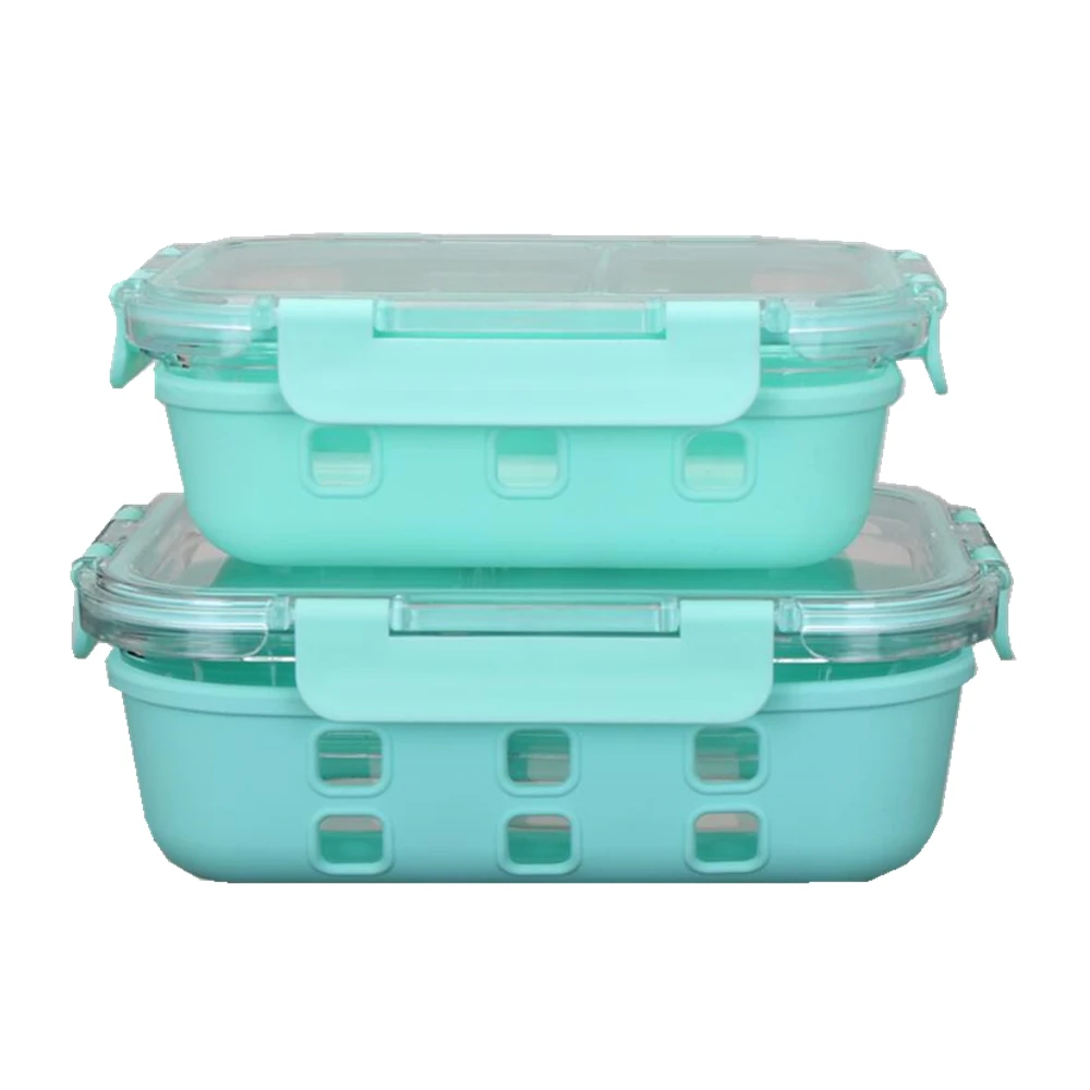 

High borosilicate glass food container with silicone sleeve
