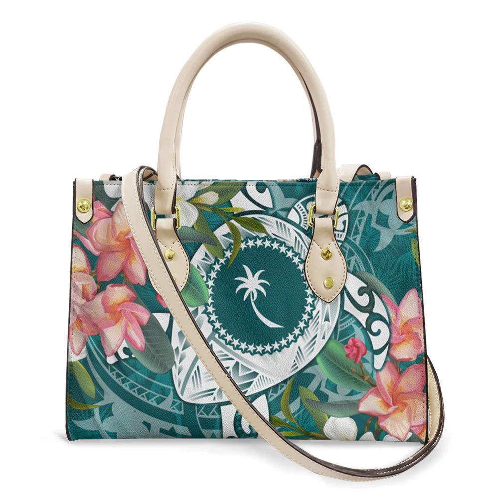 

Blue Color Plumeria Polynesian Chuuk Logo Metal Buckle Large Internal Capacity Sublimation Handbags For Women Ladi Luxury