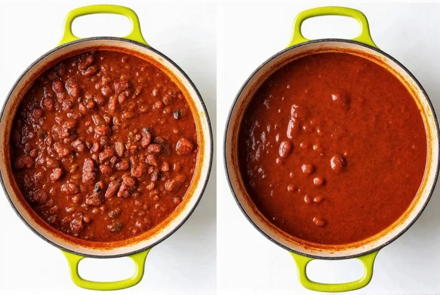 Side-by-side comparison of poorly made chili versus professionally prepared chili showing texture and color differences