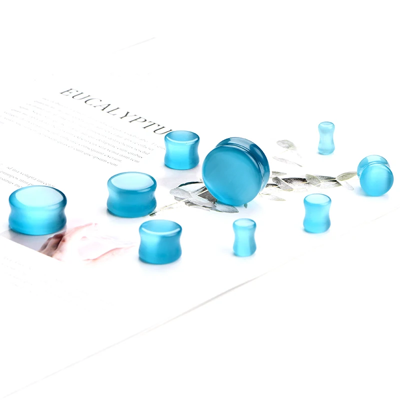 

6-25mm Available Option Customized Gemstones And Glass Cat Eye Double Flare Blue Ear Plug