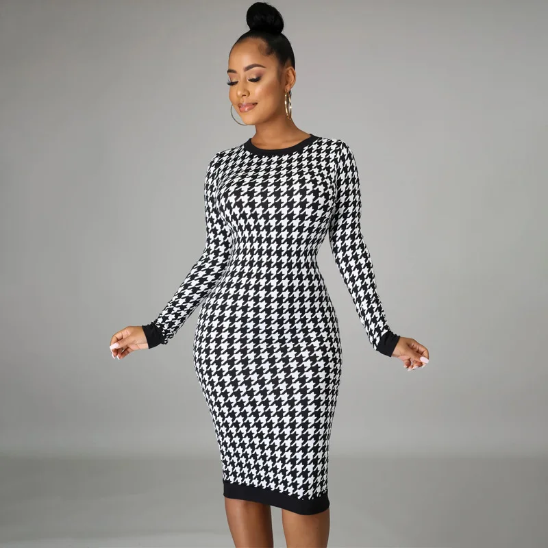 

Hot sale long sleeve houndstooth pattern office dresses women formal spring 2021 dress women lady elegant