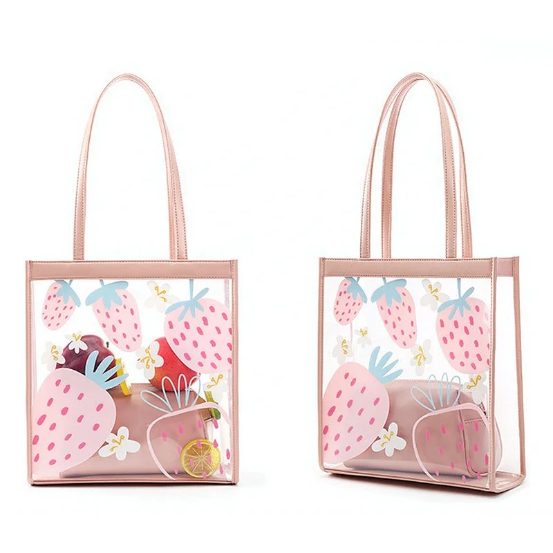 

Pink strawberry print tote girls handbag transparent waterproof 2in1 jelly bag