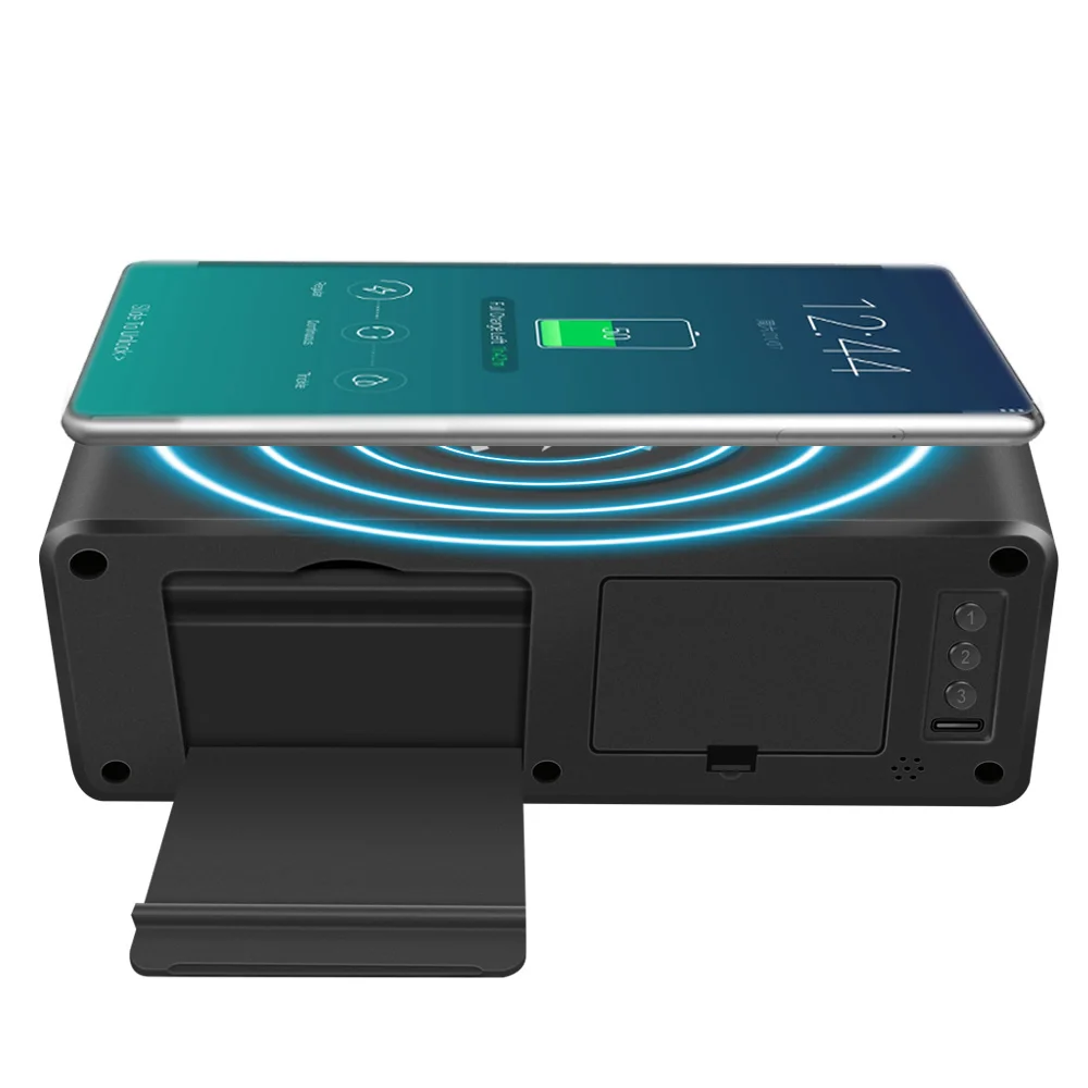 

Shenzhen factory qi wireless charger digital display alarm clock music speaker with temperature