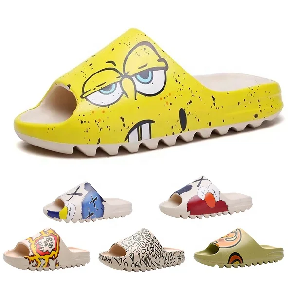 

Summer Waterproof Indoor Outdoor Cartoon Fashion Graffiti Thick Sole Yeezy Sandals Women Shoes Protective Soft Slippers for Men, 50+colors