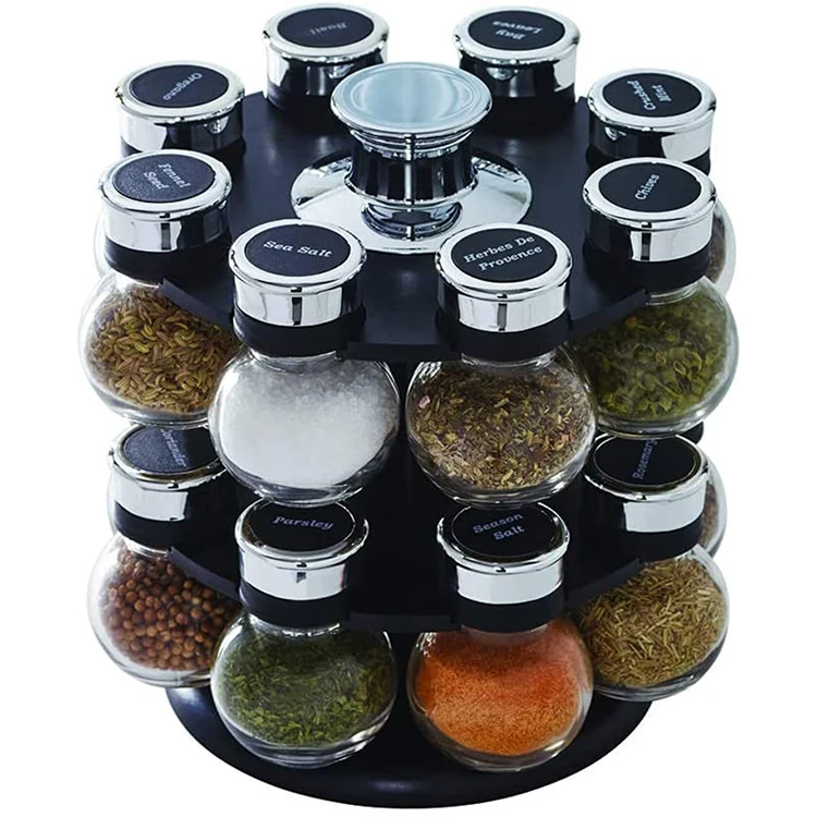 

Herb Revolving Spice Rack Organizer Spinning Standing Rack Shelf Holder with 16 Glass Jar Bottles For Kitchen Countertop