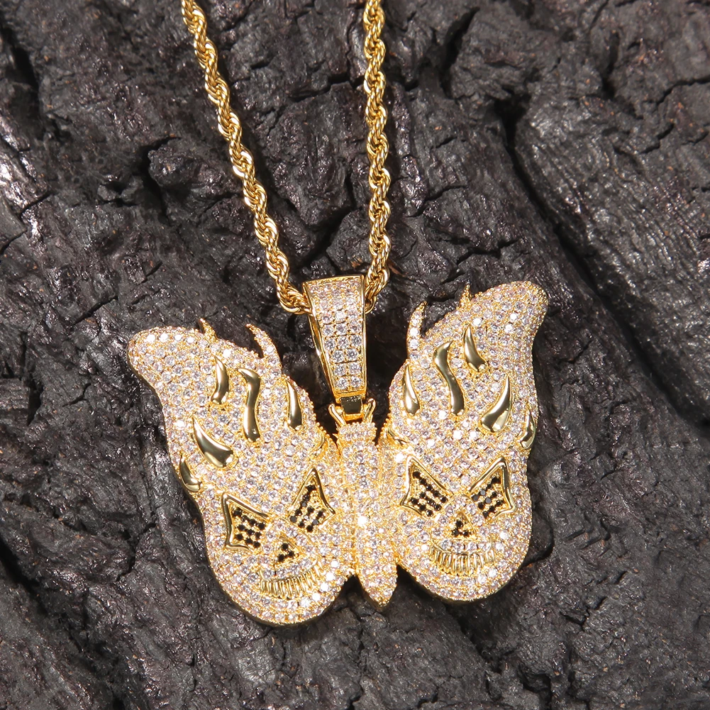 

2021New Design Hip-Hop Flame Butterfly Pendant Full Diamond Sparkly Necklace, Customized color