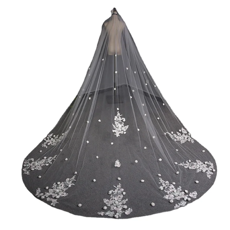 

3D flwoer lace veil Wholesale One -layer Long lace Bridal Veil For Wedding Dress bridal soft tulle face veil with comb for women, Ivory and white