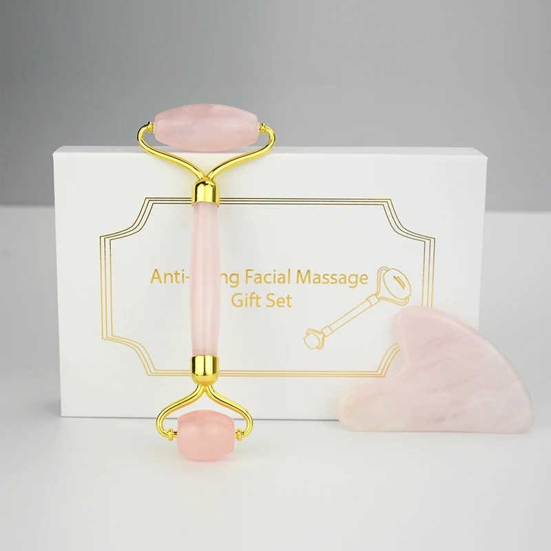 

Hot Selling Rose Quartz Facial Rollers Heart Shape Gua Sha Jade Roller Set with Box, Rose quartz/pink