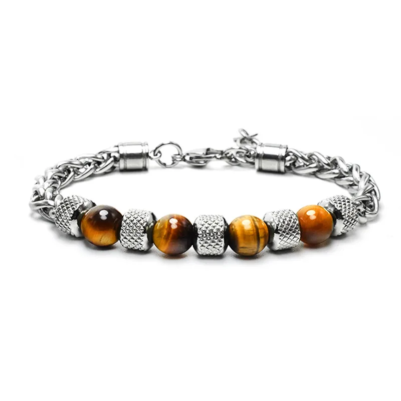 

2020 New Arrival Fashion Men Hand Jewelry Natural Stone Stainless Steel Chain Bracelet Tiger Eye Stone Bead Bracelet