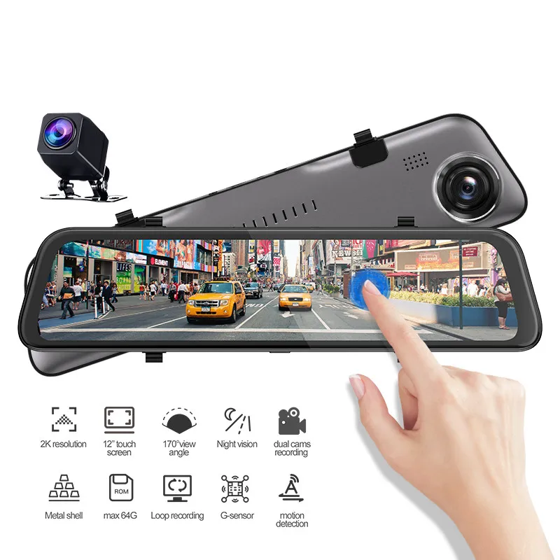 12 Inch Car Dvr 1440p Stream Media Touch Screen Dash Camera Dual Lens ...