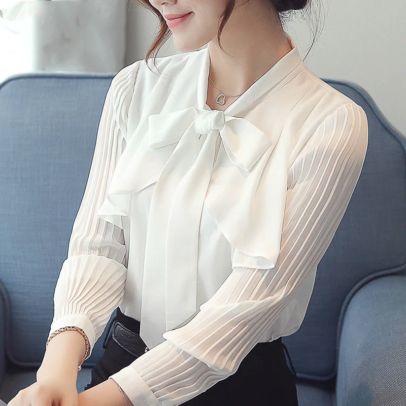 

Latest Design Fashion Elegant Korean Bowknot Office Chiffon Shirt Solid color Inner White Women Long Sleeves Blouses