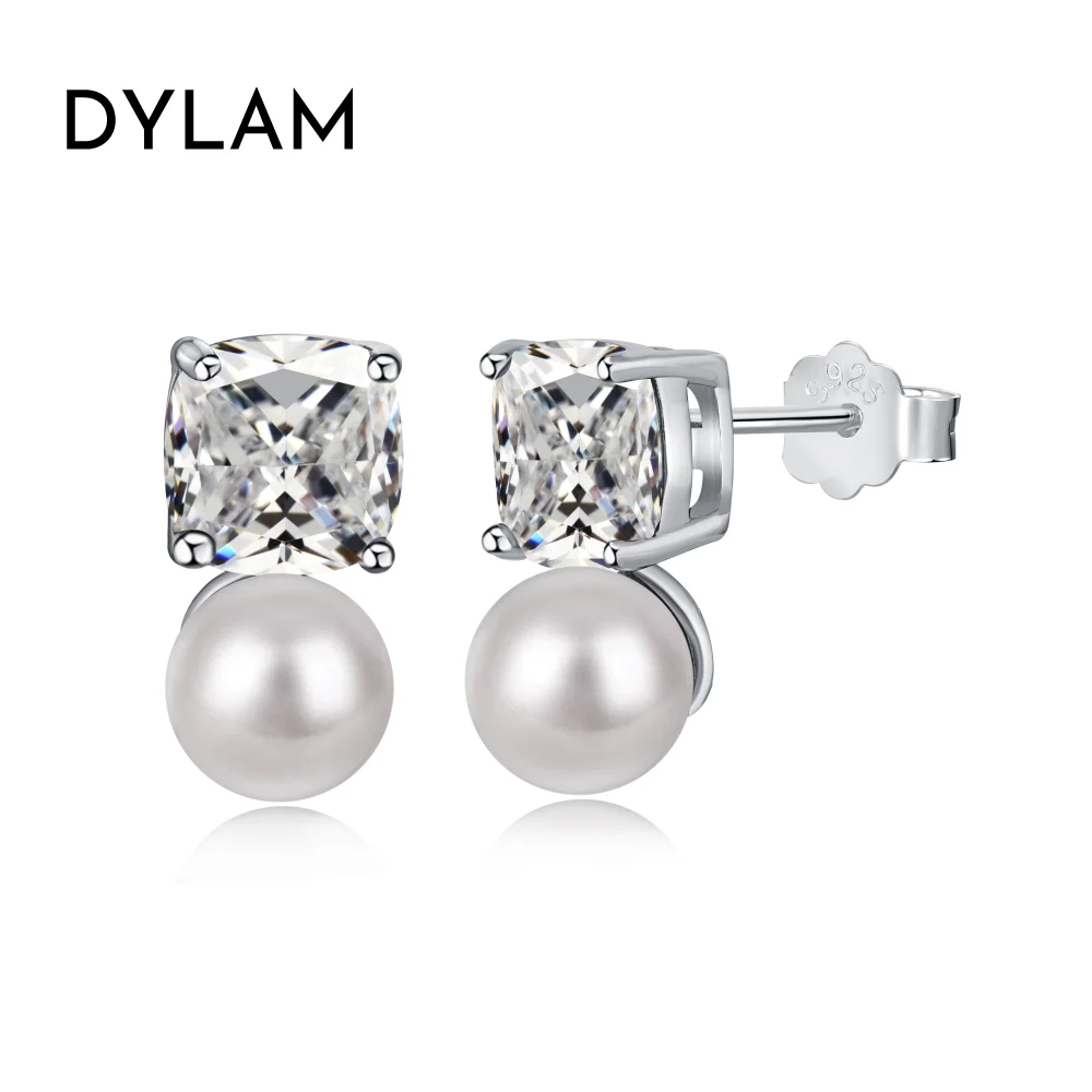 Dylam 2023 Elegant Women Fine Jewelry 925 Sterling Silver Shell Pearl Wedding Bridal Party 5A Diamond Zirconia Stud Earrings