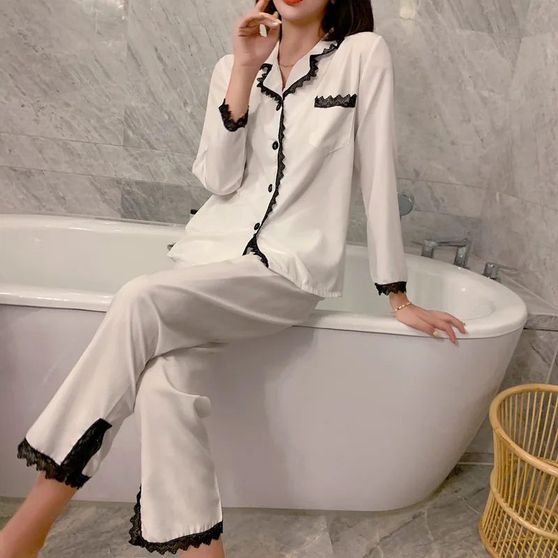 

Ropa De Dormir 2 Piece Loungewear Women Pijamas De Algodon Fresco Pillama White Pyjama Cotton Long Sleeve Lace Pajama Sleepwear