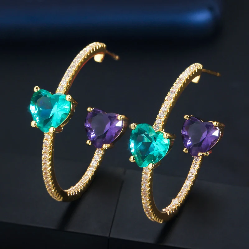 Fashion Yellow Gold Plated Cubic Zircon Purple Light Blue Double Love Heart Round Big Hoop Earrings Jewelry for Women Prom Party