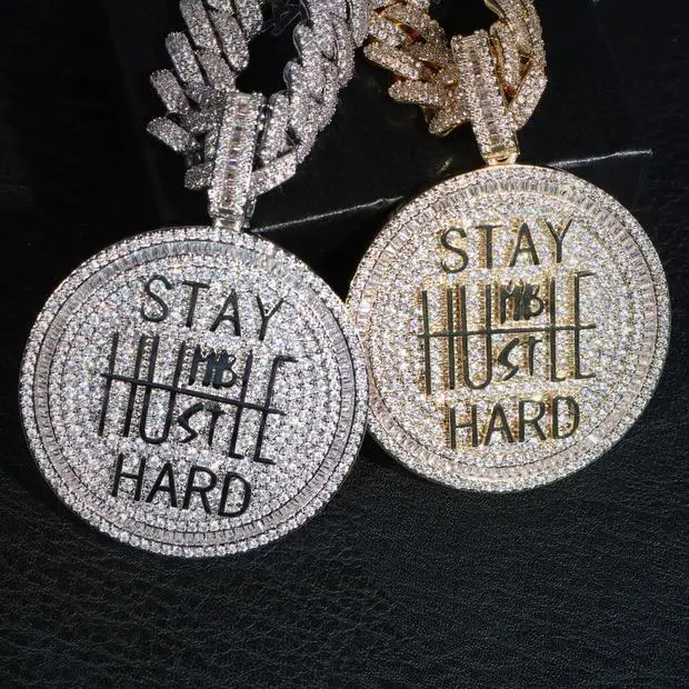 

Geometric Hip hop bling men pendant stay Hustle Hard micro pave cz 14k gold plated men necklace