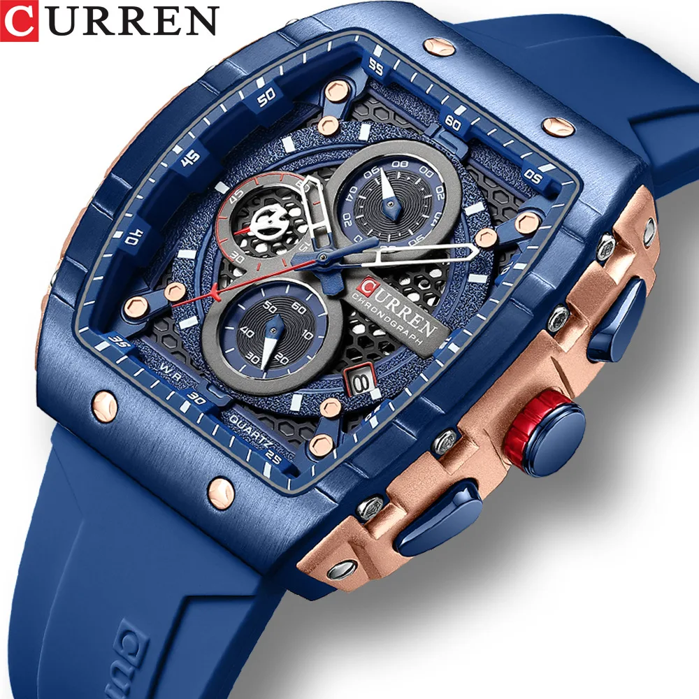 CURREN 8442 Watch Men Chronograph Waterproof Square Quartz Watches Mens Luminous Fashion Sports Blue Silicone Strap Wristwatch
