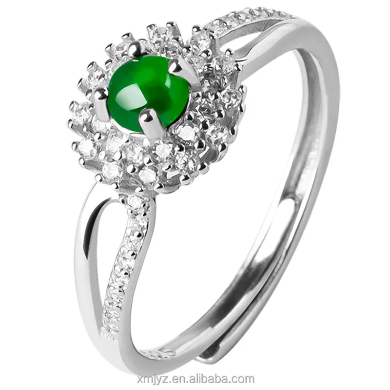 

Certified Grade A Natural Emerald Green Ring Ice Jade Stone S925 Silver Inlay Fashion Ring Women's Simple And Adjustable