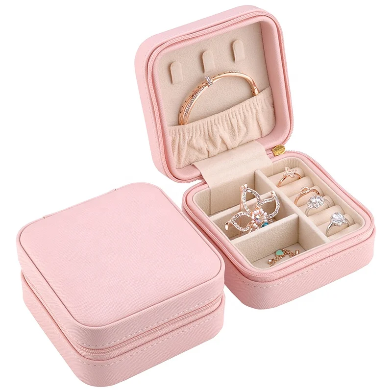 

Wholesale Small Travel Portable Custom logo Ring Earring Jewellery case Storage Organizer Gifts Packaging Leather Jewelry Box, Pink/black/gery/green