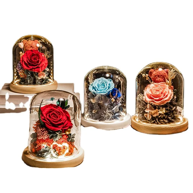 

Gift Box Cover Decoration Real Fresh Eternal Preserved Austin Rose In Glass Dome Preserved Roses With Wooden Base