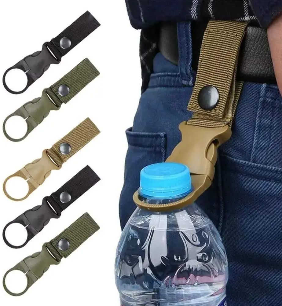 

FLQ Portable Hanging Water Bottle Buckle Clip for Outdoor Camping Hiking Traveling, Black army green, brown