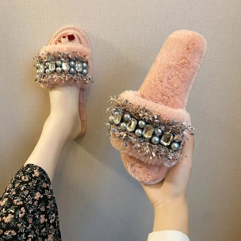 

PDEP 2021 Fashion Winter New Women's Shoes Rubber warm Sandals Nice Flat rhinestone slides fur slippers shoes