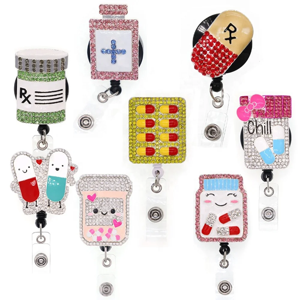 

Creative Nurse Accessories medical hospital doctor Gift Rhinestone Pill Bottle ID Retractable. Badge Reel with clip holder