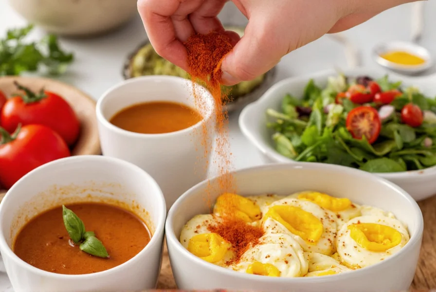 Colorful kitchen scene showing cayenne pepper being added to various healthy dishes including soup, eggs, and salad dressing