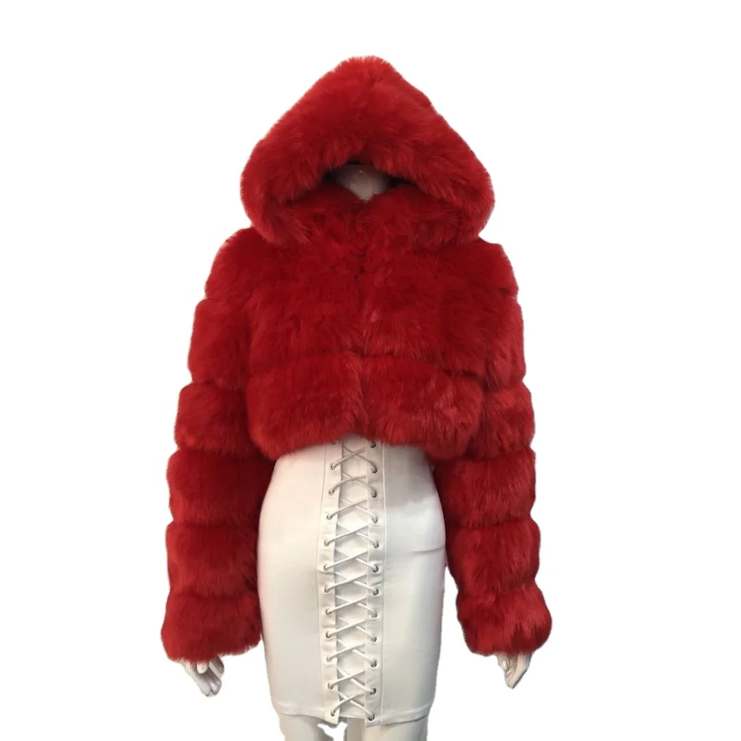 

2022 New Arrivals women Long Sleeve fashionable women ladies hooded Faux Fur cropped jacket